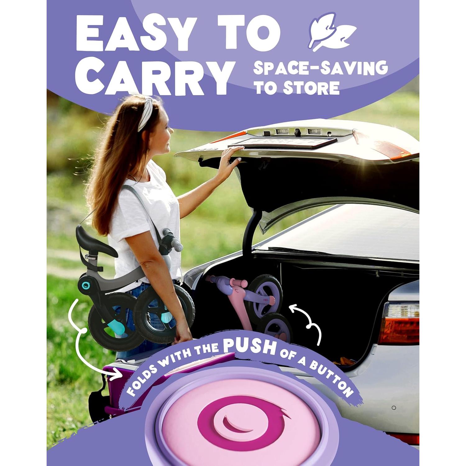 Bicicleta de Equilibrio Plegable Rideo 12" Rosa para Niños 3-5 Años