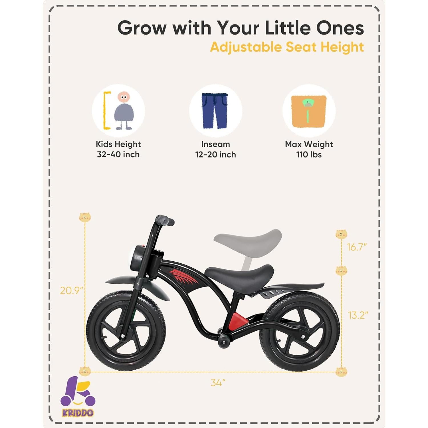 Bicicleta de Equilibrio KRIDDO para Niños 2-5 Años con Luz