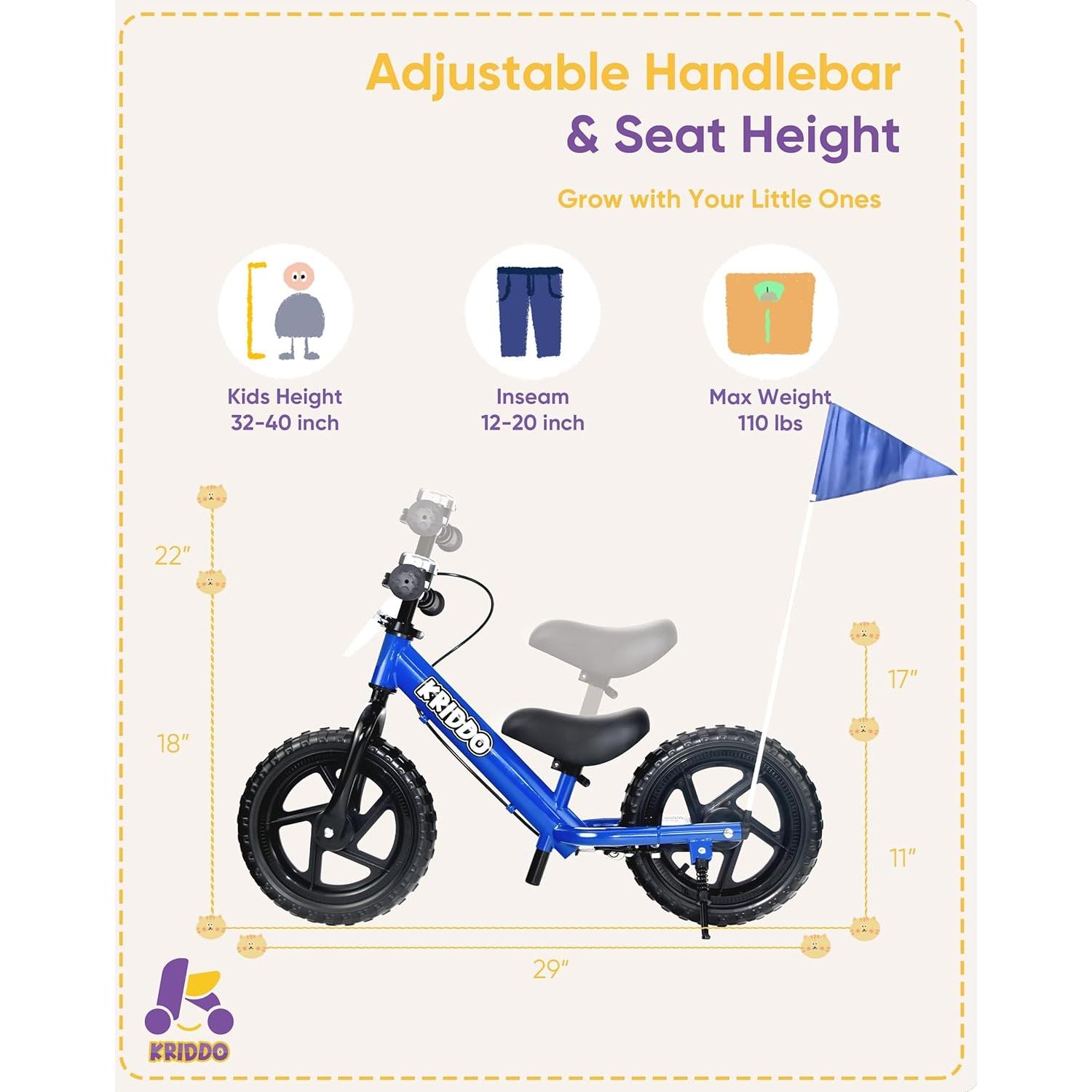 Bicicleta de Equilibrio KRIDDO Azul 12" para Niños 2-5 Años