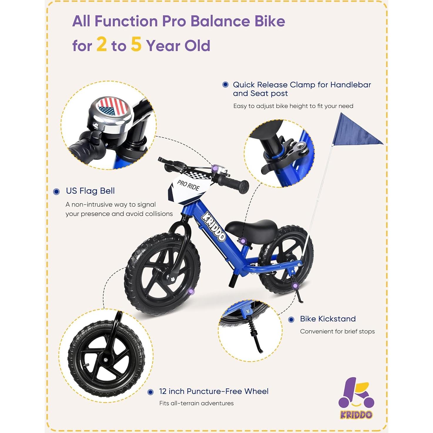 Bicicleta de Equilibrio KRIDDO Azul 12" para Niños 2-5 Años