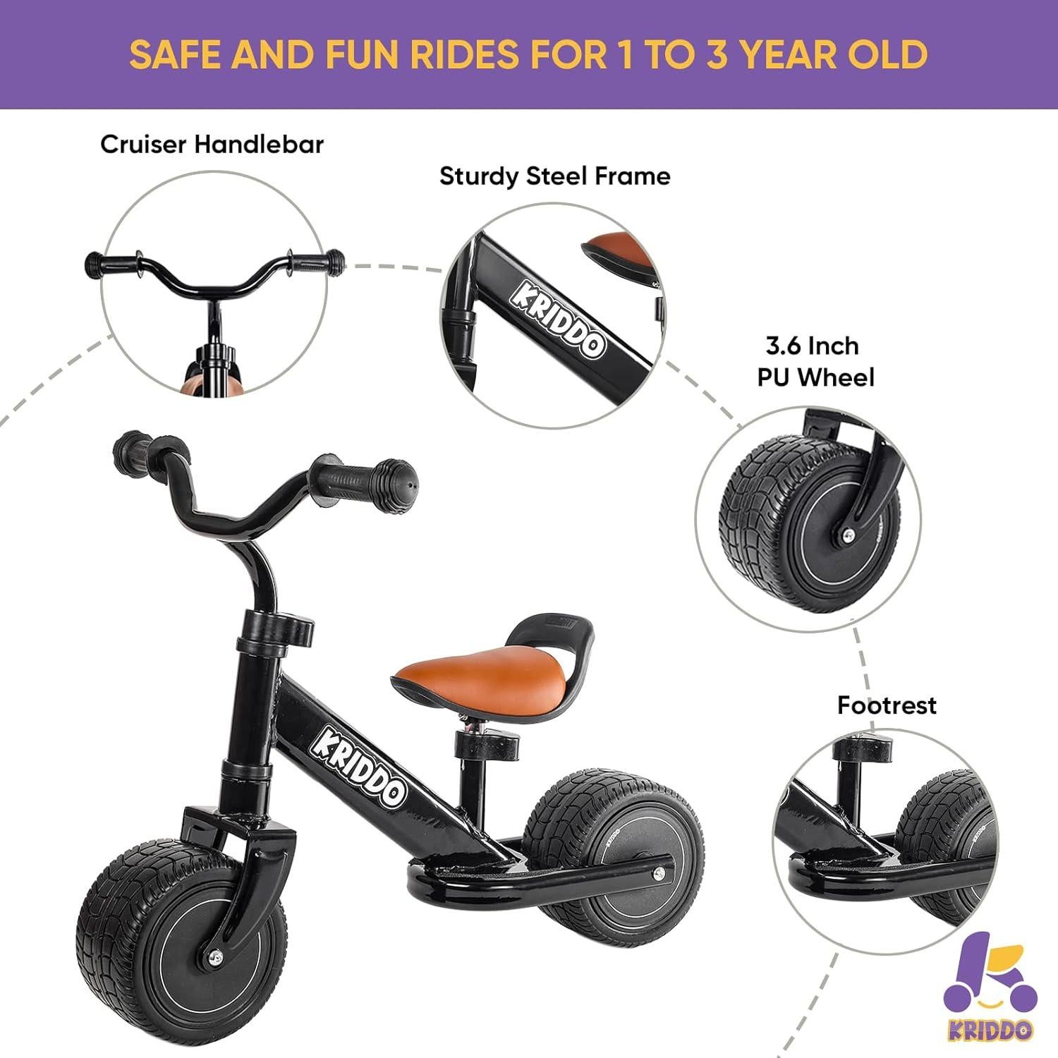 Bicicleta de Equilibrio KRIDDO para Niños 1-2 Años, Negra