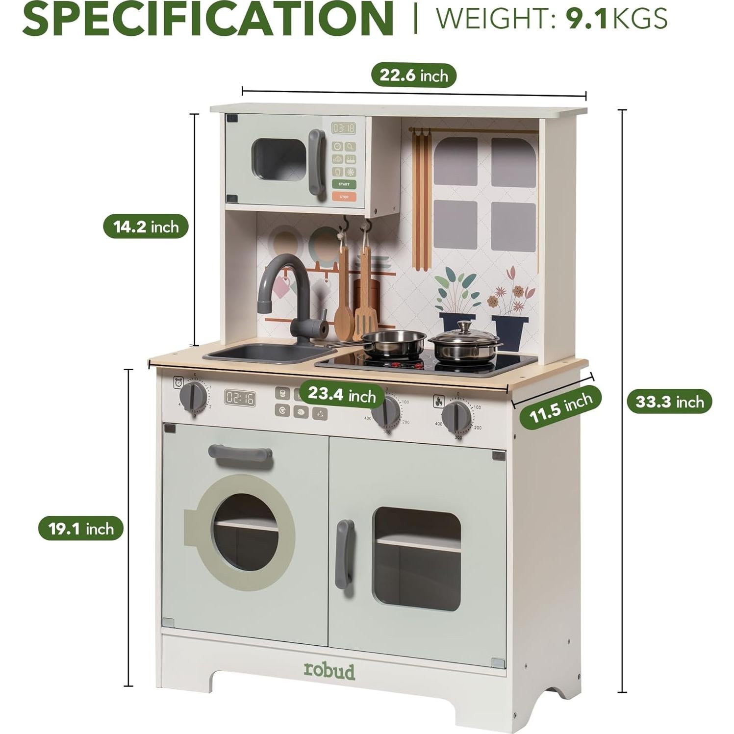 Cocina de Juguete ROBUD Verde con Luces y Sonidos 59.4x29.2cm