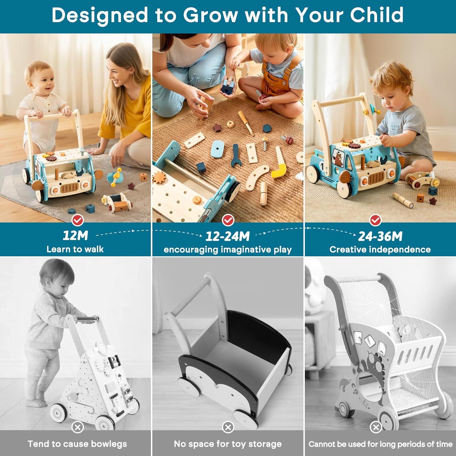 Andador de Madera OESSUF 2-en-1 con 40 Juguetes para Bebés