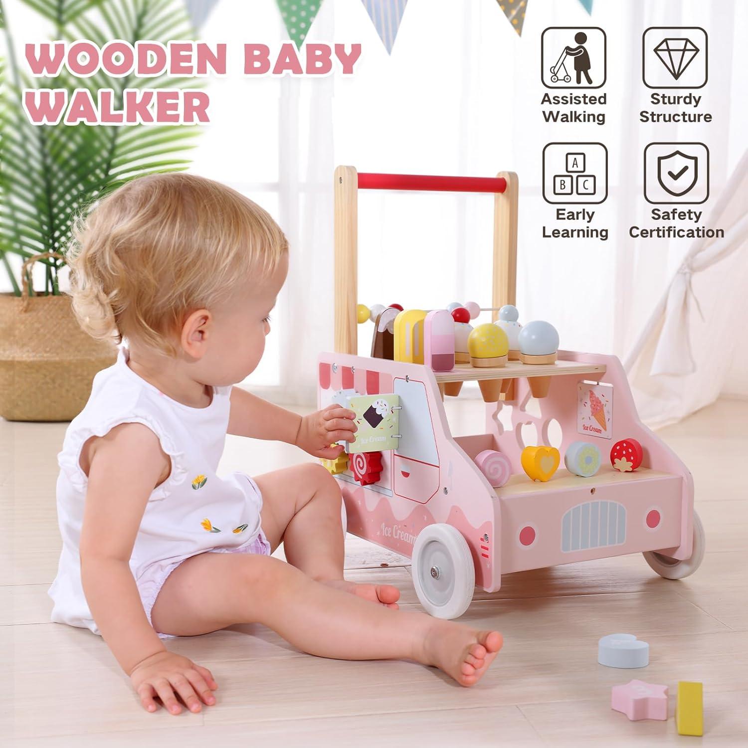 Andador de Madera labebe para Bebés 12M+ con Actividades Rosa