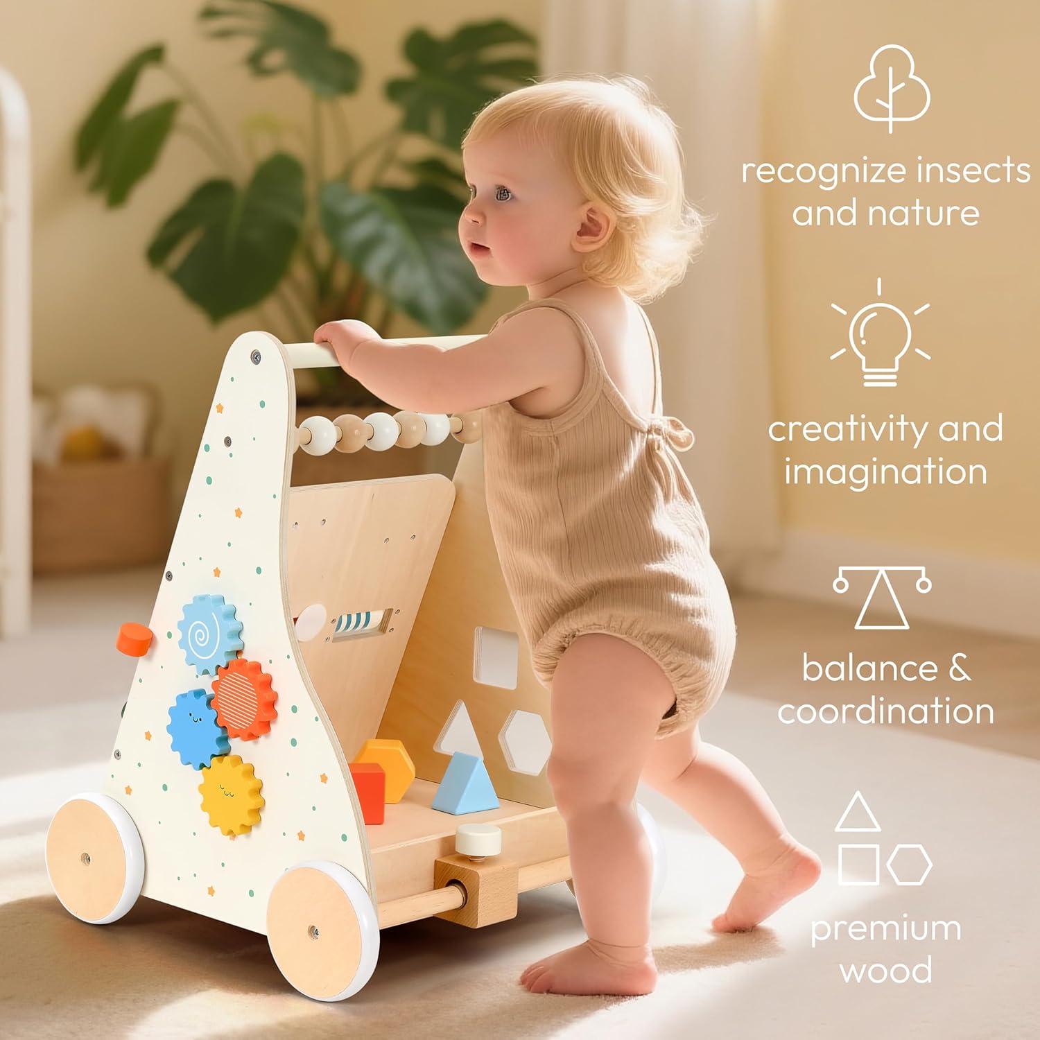Carrito de empuje de madera Montessori K12410 para bebés 1-3 años
