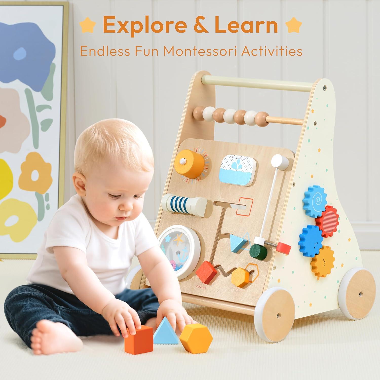 Carrito de empuje de madera Montessori K12410 para bebés 1-3 años