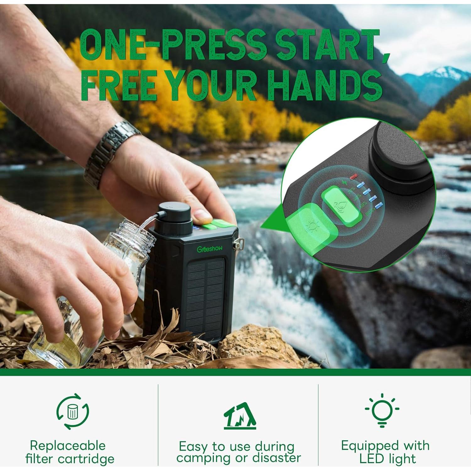 Filtro de Agua Portátil Greeshow GS-2811 - Solar y USB