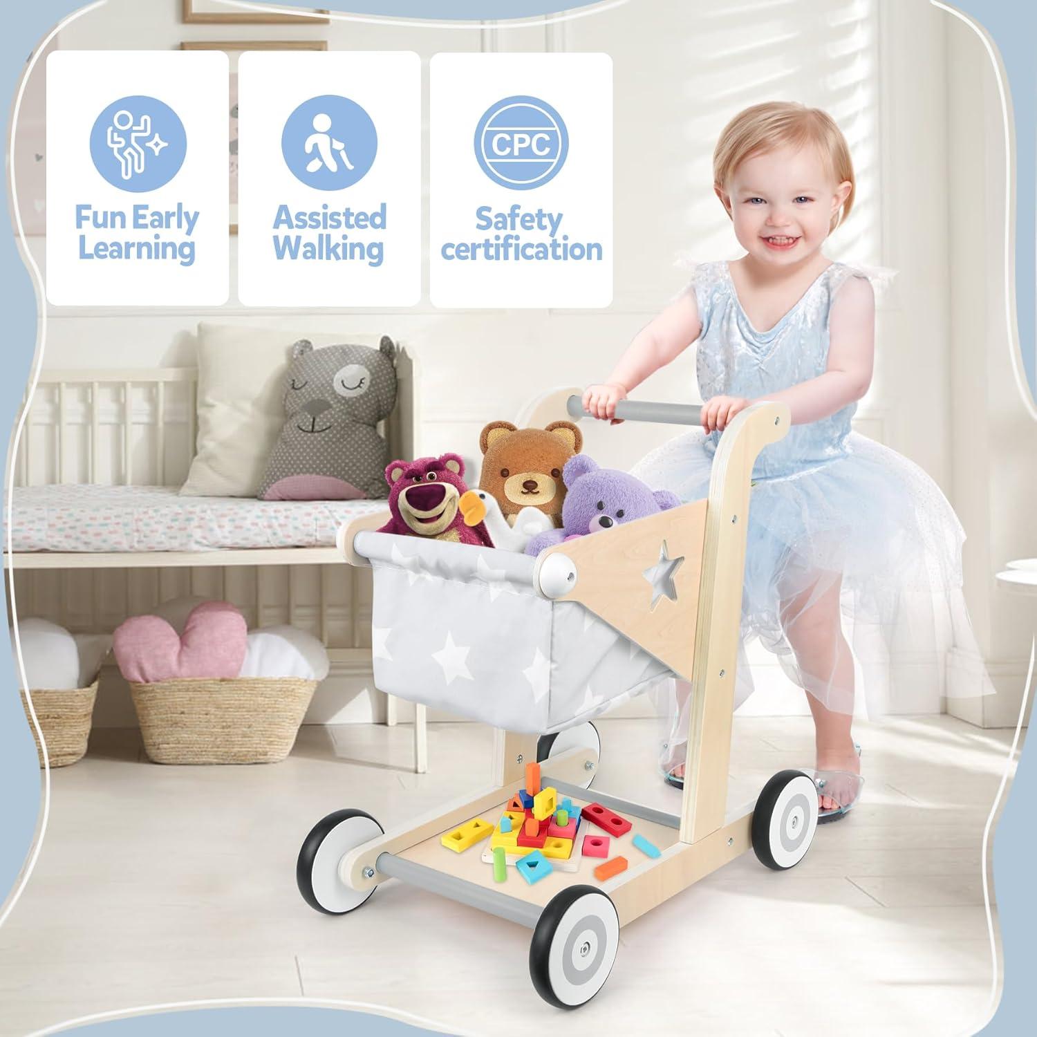 Andador de Madera 2 en 1 Asweets Carrito de Muñecas Gris