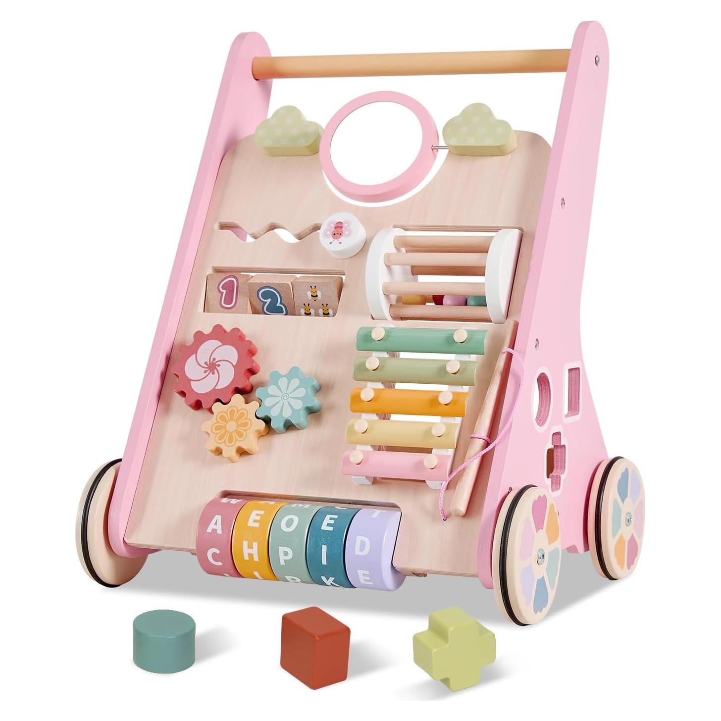 Andador de Madera AmazingJoy Rosa para Bebés 12-36 Meses