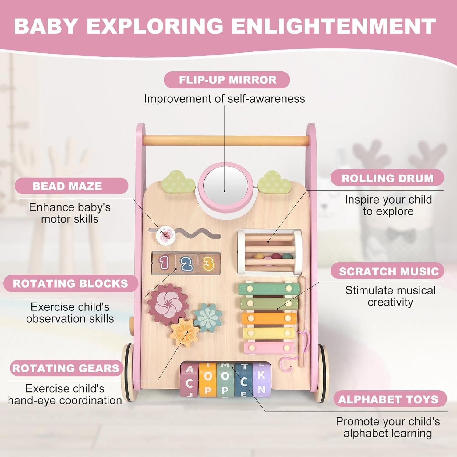 Andador de Madera AmazingJoy Rosa para Bebés 12-36 Meses