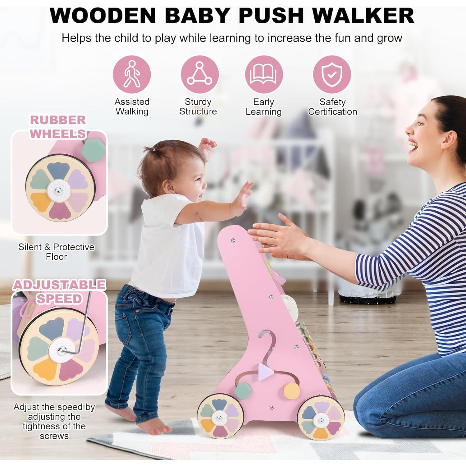 Andador de Madera AmazingJoy Rosa para Bebés 12-36 Meses