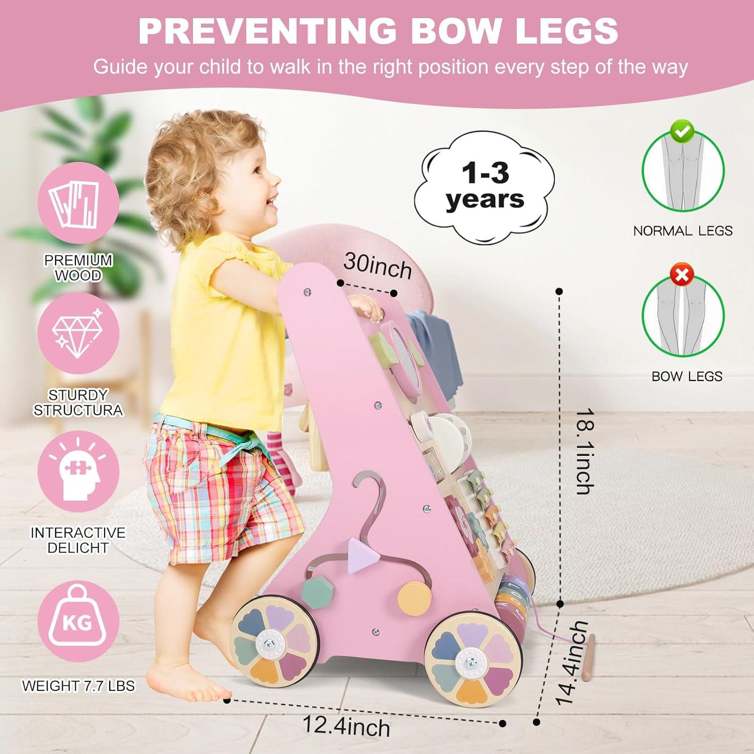 Andador de Madera AmazingJoy Rosa para Bebés 12-36 Meses