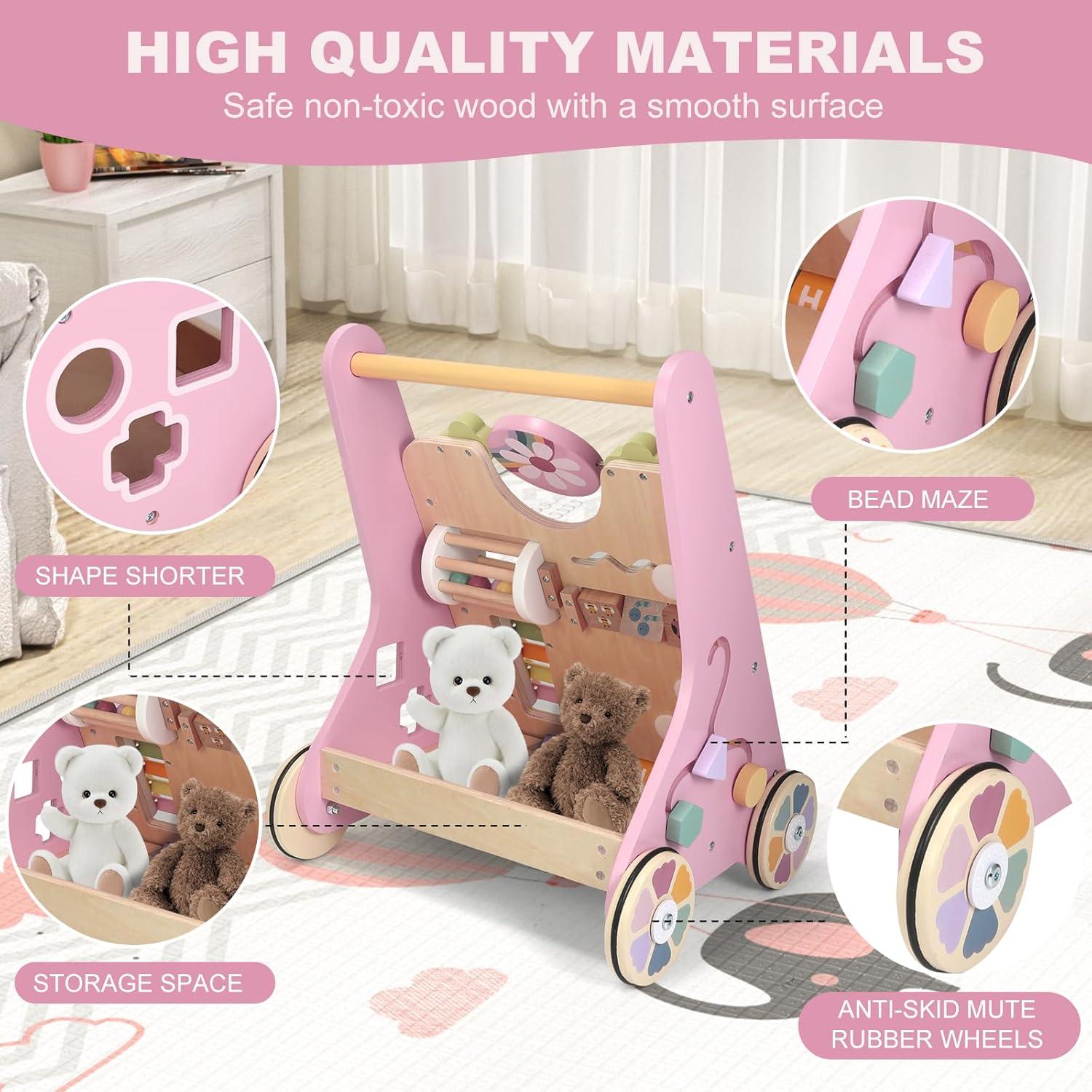 Andador de Madera AmazingJoy Rosa para Bebés 12-36 Meses