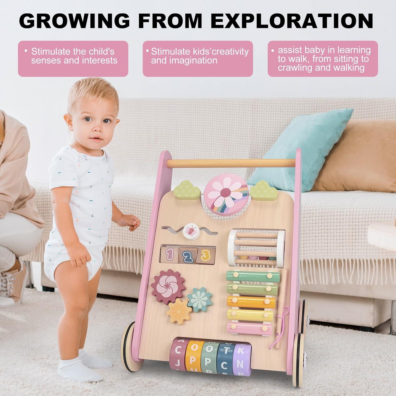 Andador de Madera AmazingJoy Rosa para Bebés 12-36 Meses