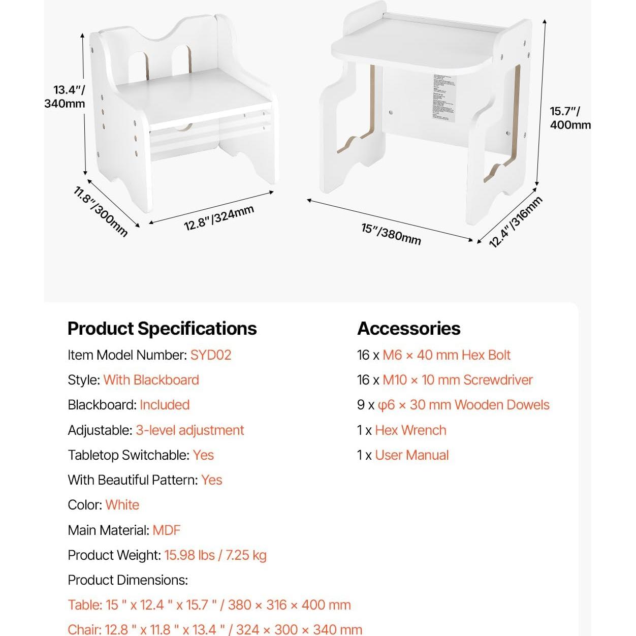 Mesa y Silla Montessori VEVOR 3 en 1 Ajustable Pizarra Blanca