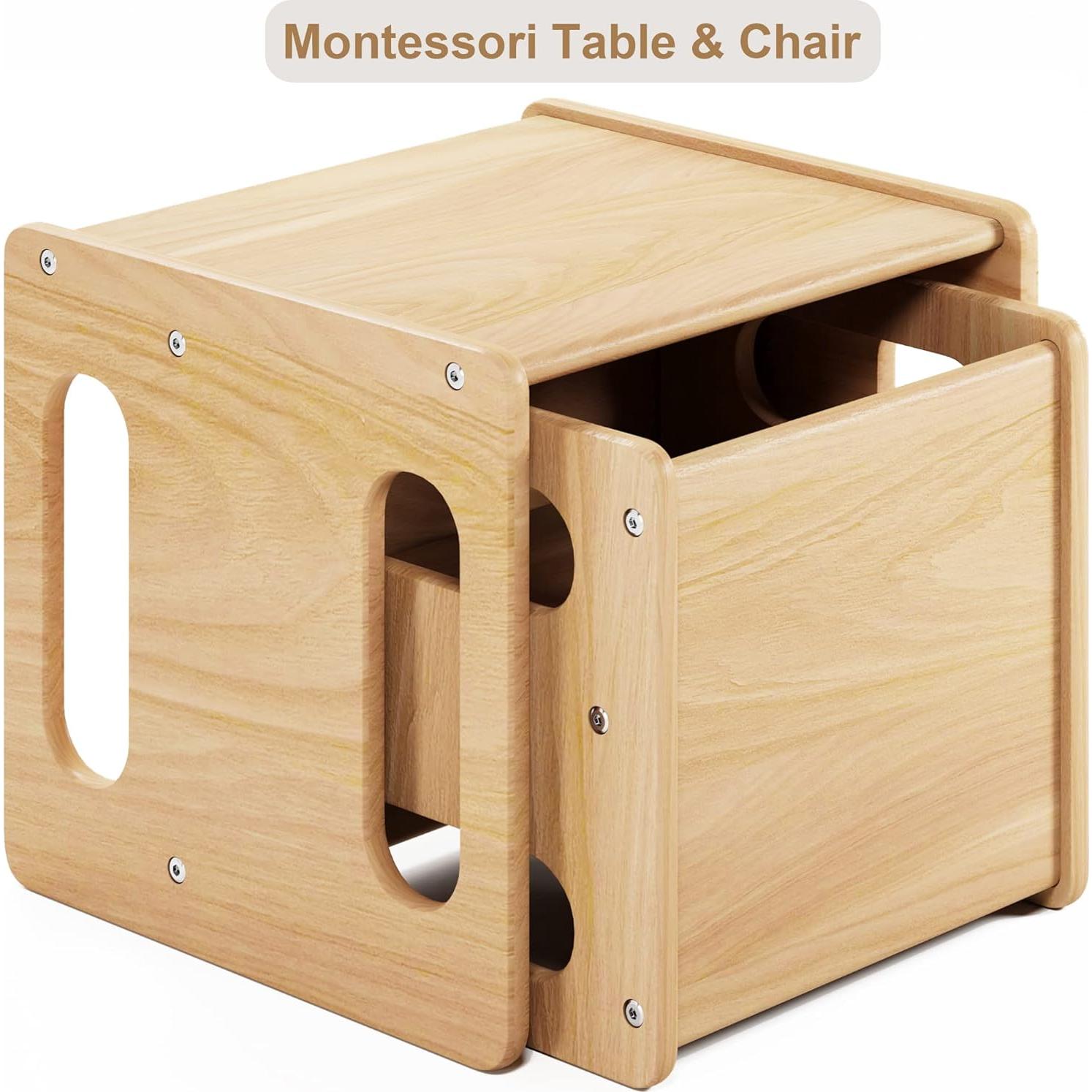 Mesa y Silla Montessori ERUGI para Niños 1-3 Años, Madera Dura