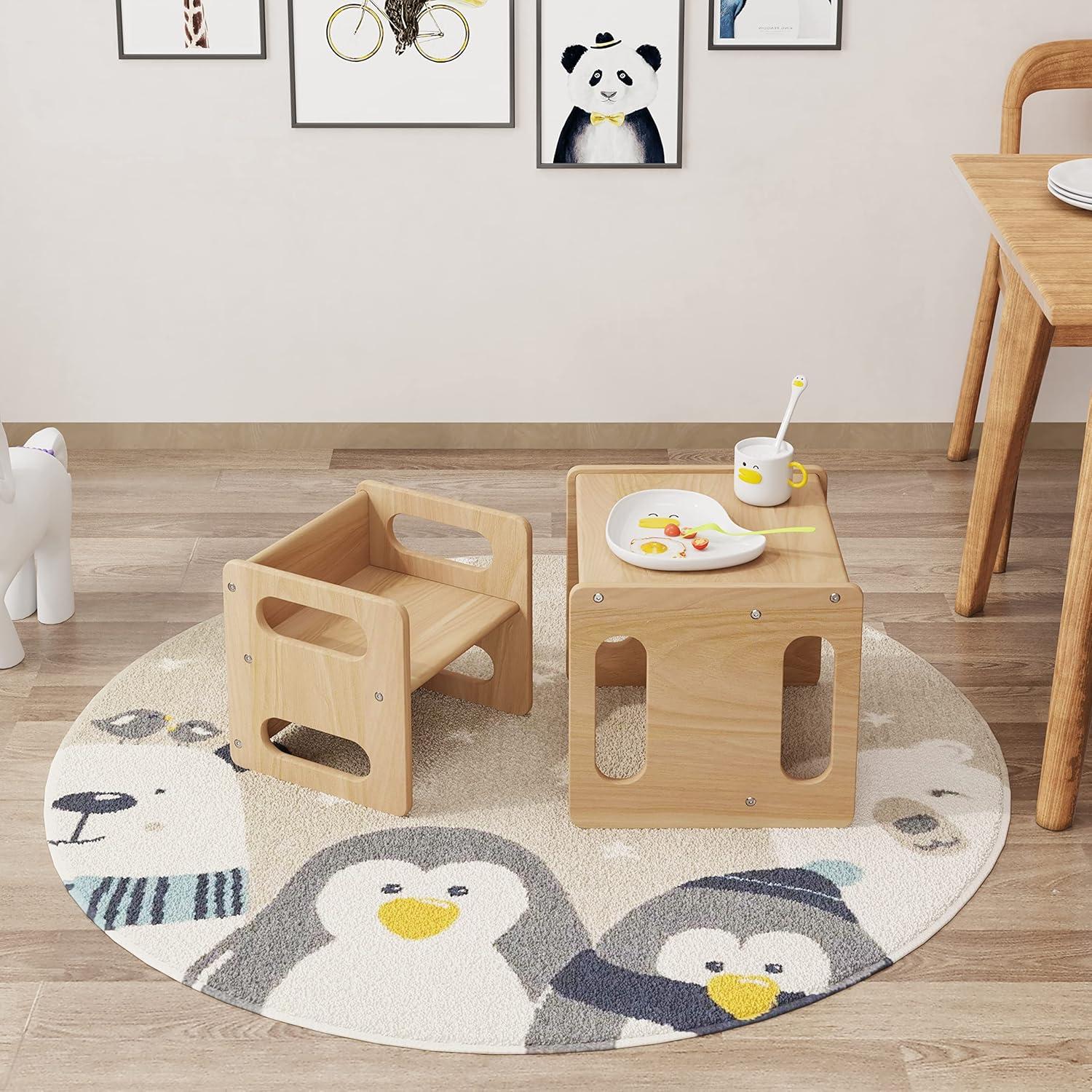 Mesa y Silla Montessori ERUGI para Niños 1-3 Años, Madera Dura
