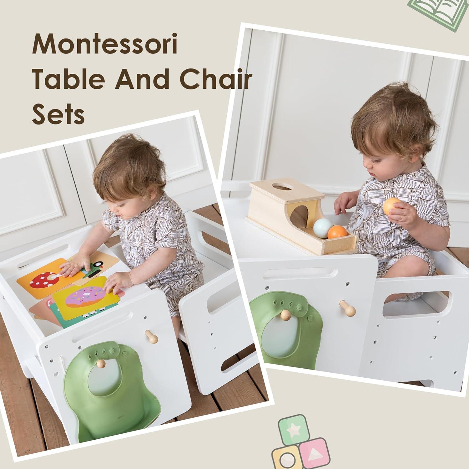 Mesa y Silla Montessori Ajustables para Niños - Blanco