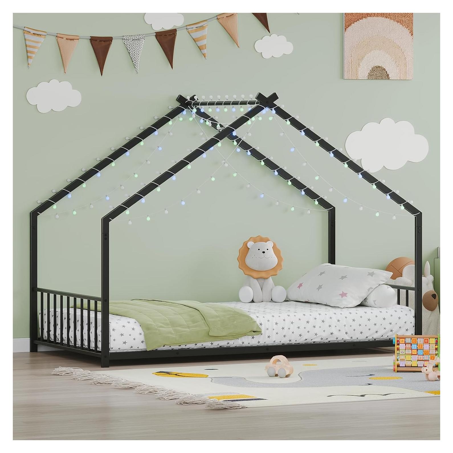 Cama Montessori Individual Zentrava Negra con Techo y LED