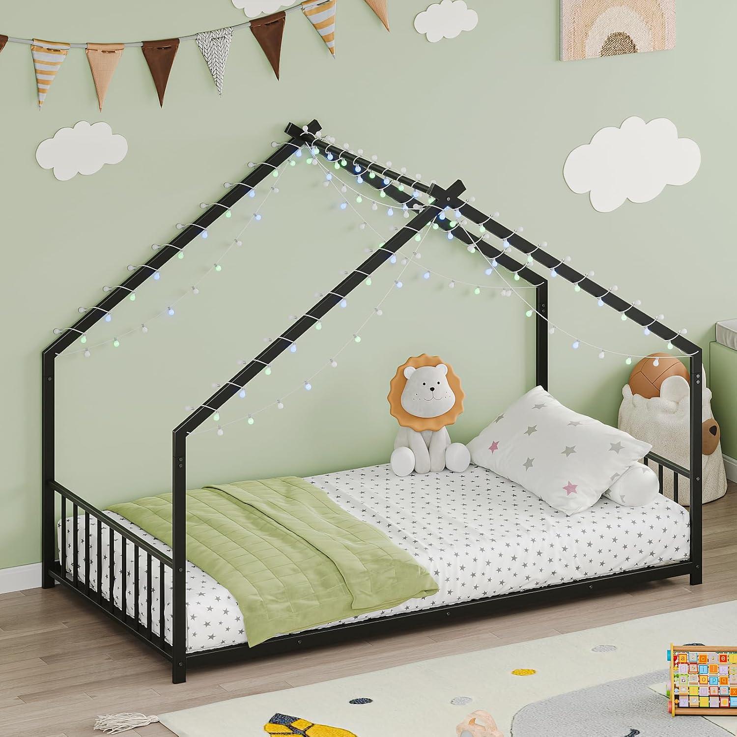 Cama Montessori Individual Zentrava Negra con Techo y LED