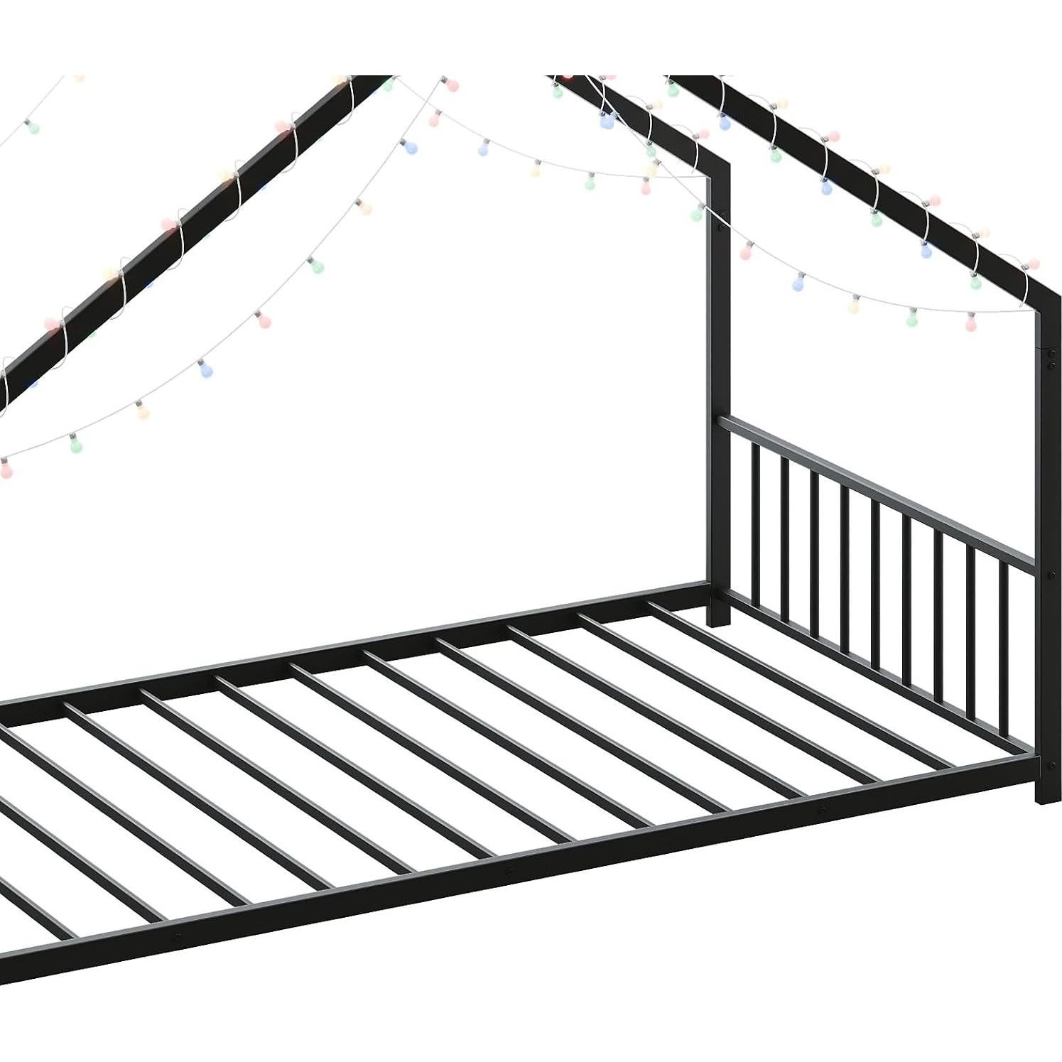 Cama Montessori Individual Zentrava Negra con Techo y LED