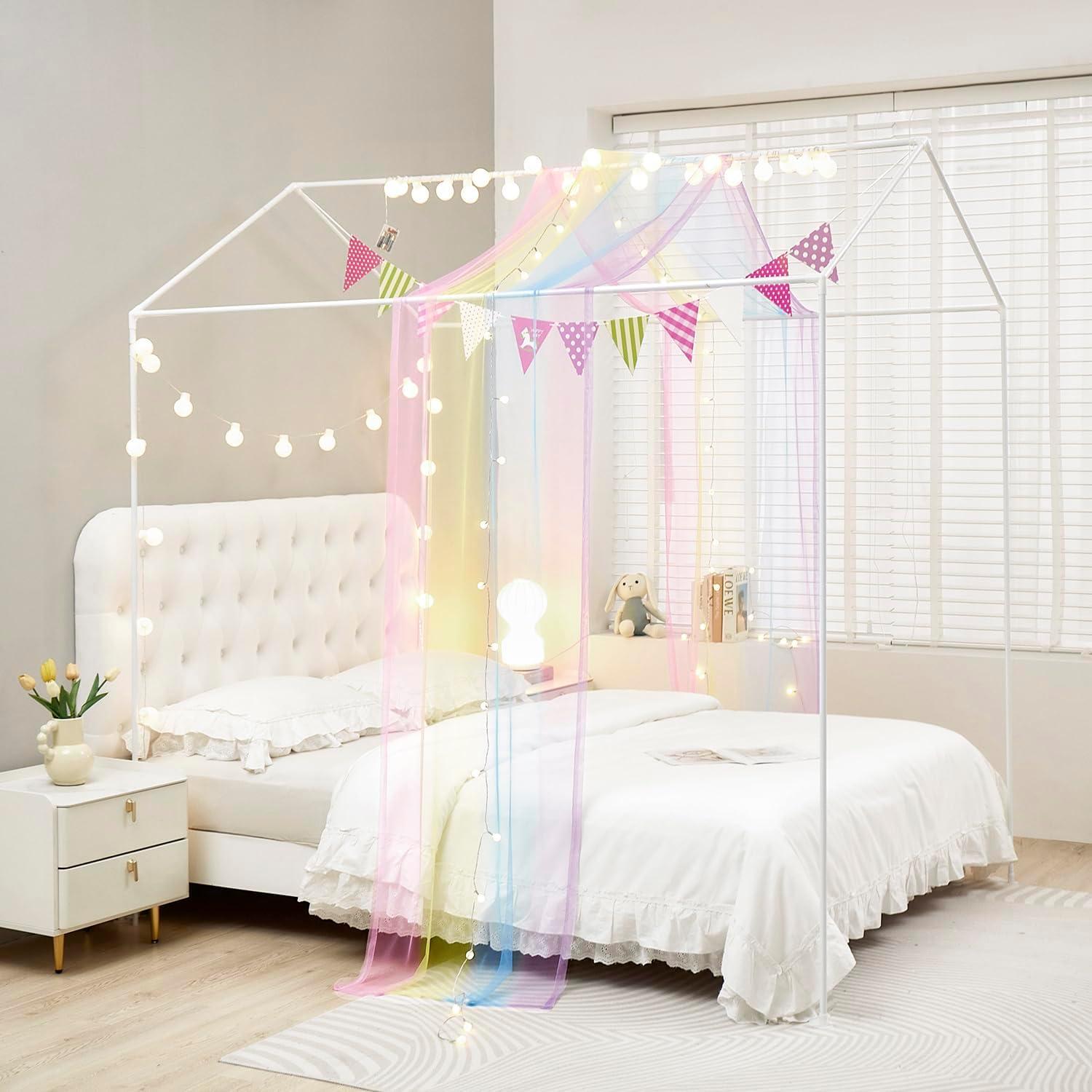 Cortinas de Cama Canopy Mengersi Twin XL Arcoíris con Luces