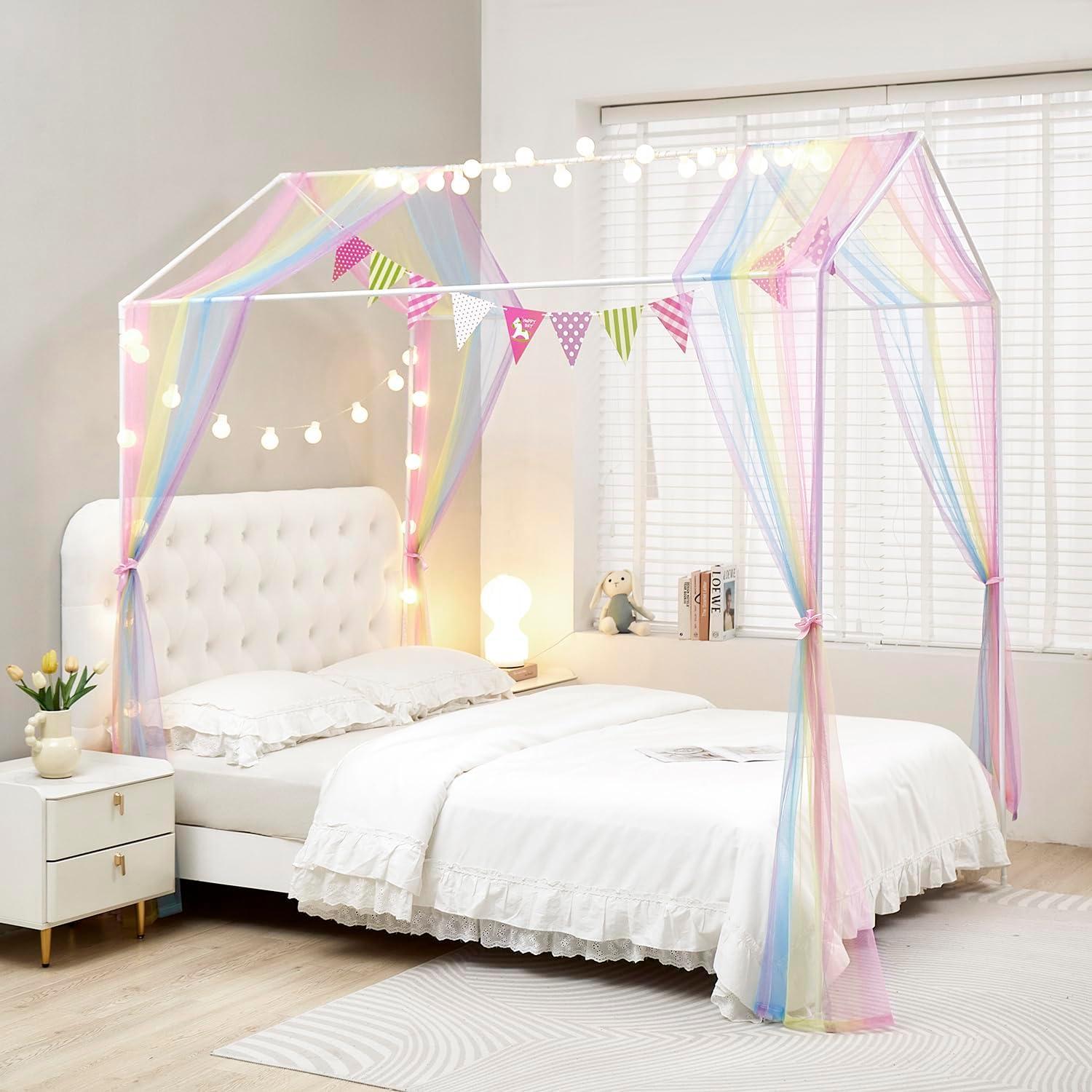 Cortinas de Cama Canopy Mengersi Twin XL Arcoíris con Luces