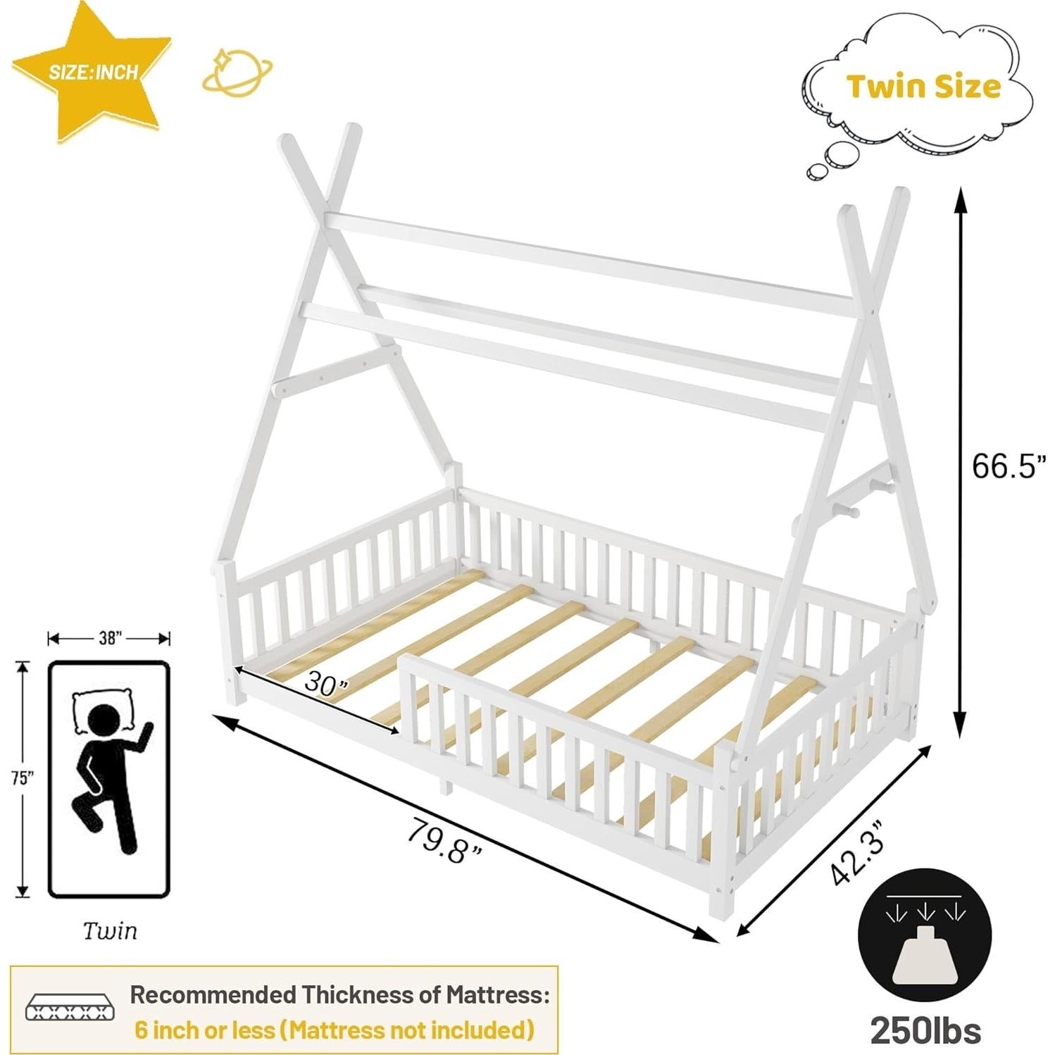 Cama Tipi Gemela MoproBeti con Luz LED y Barandillas Blanca