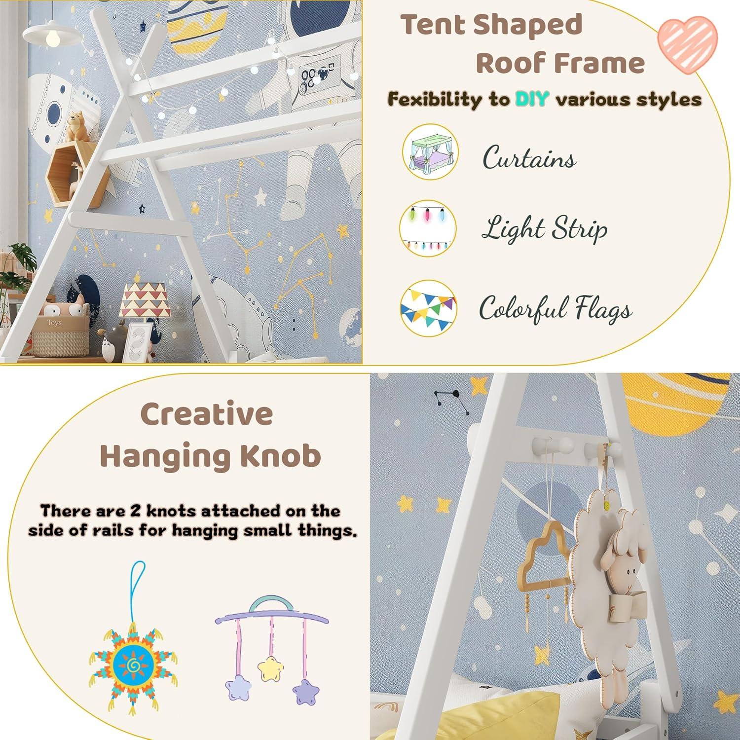 Cama Tipi Gemela MoproBeti con Luz LED y Barandillas Blanca