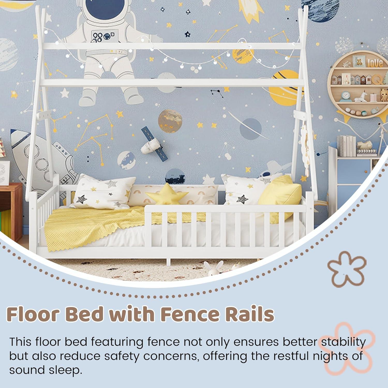 Cama Tipi Gemela MoproBeti con Luz LED y Barandillas Blanca