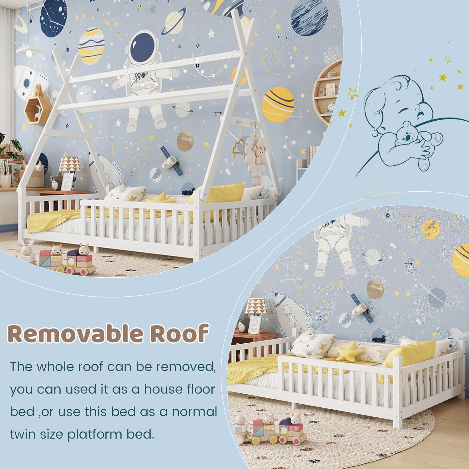 Cama Tipi Gemela MoproBeti con Luz LED y Barandillas Blanca