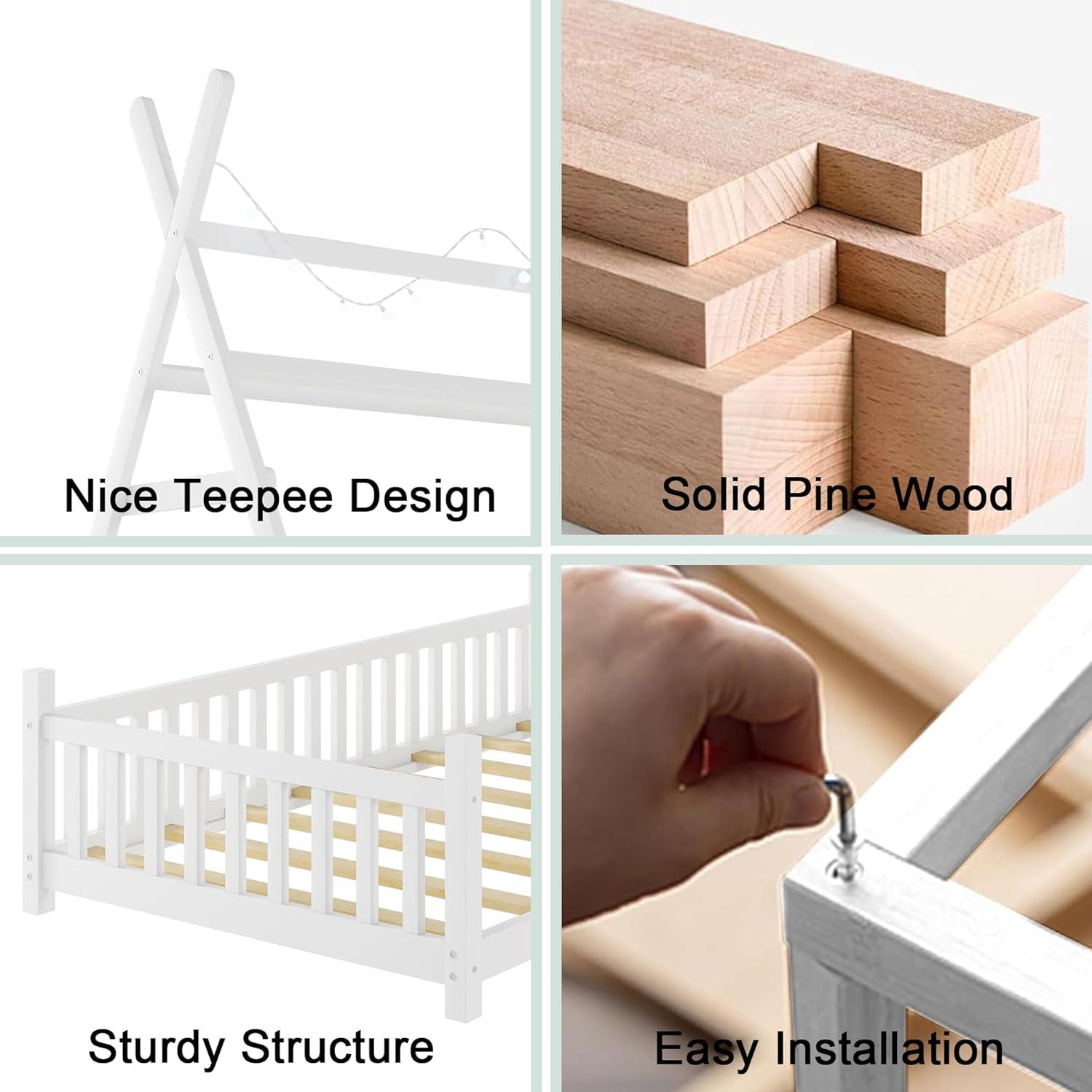 Cama Tipi Gemela MoproBeti con Luz LED y Barandillas Blanca