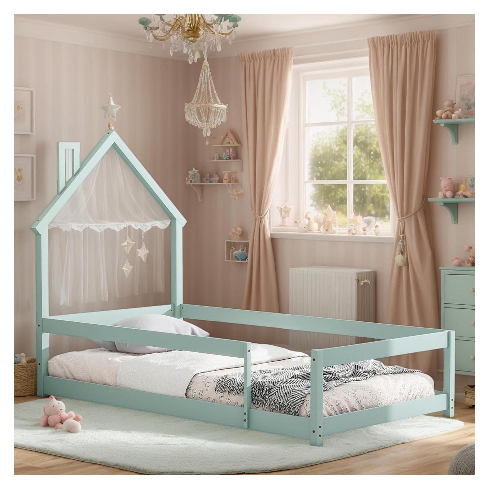Cama Twin Montessori AYJOIR con Cabecera Casa Verde Claro