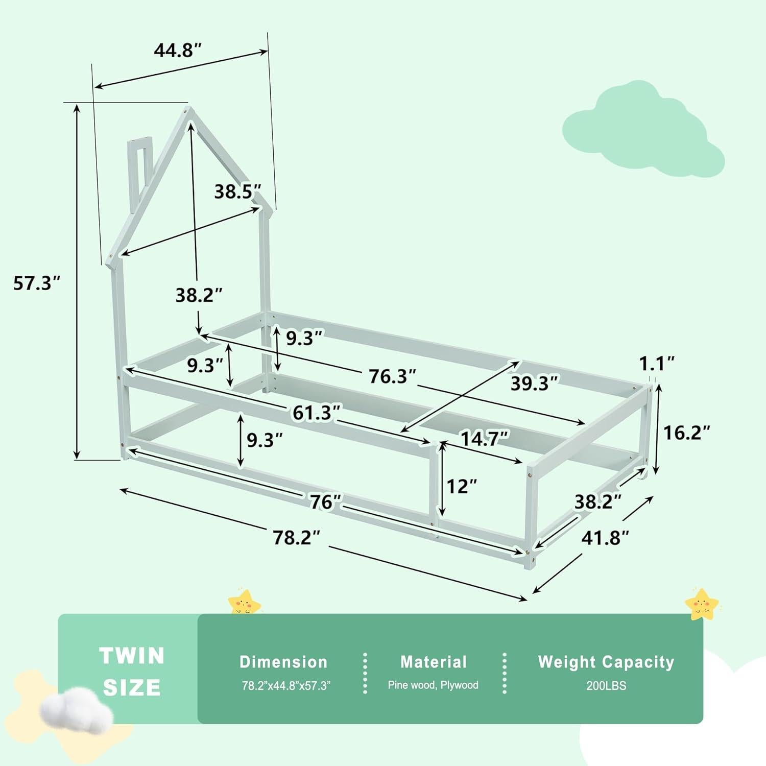 Cama Twin Montessori AYJOIR con Cabecera Casa Verde Claro