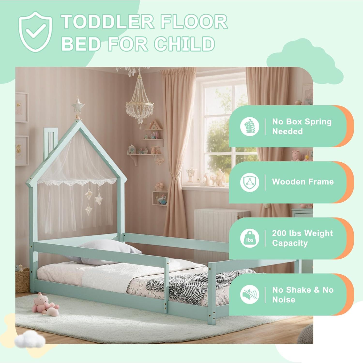 Cama Twin Montessori AYJOIR con Cabecera Casa Verde Claro