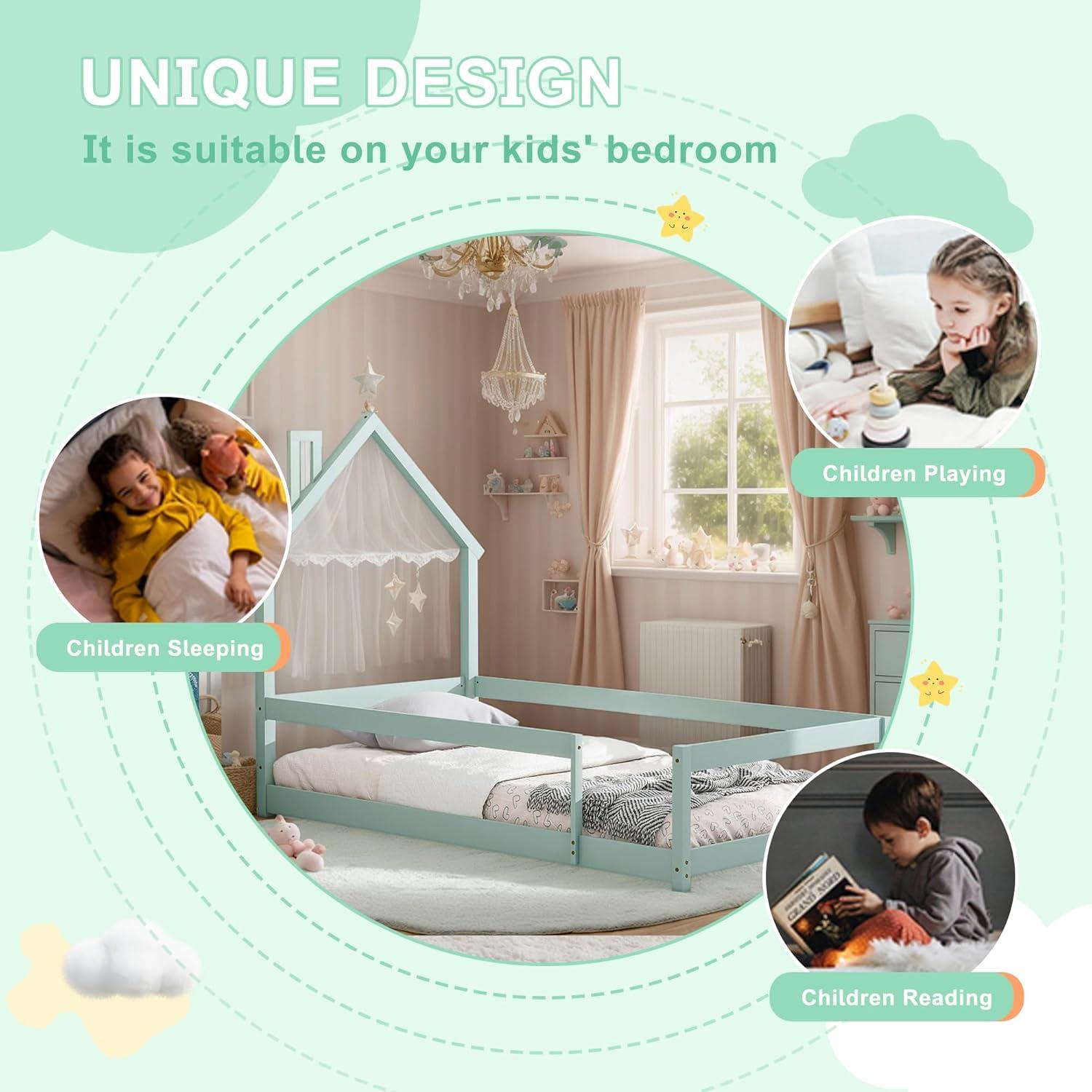 Cama Twin Montessori AYJOIR con Cabecera Casa Verde Claro