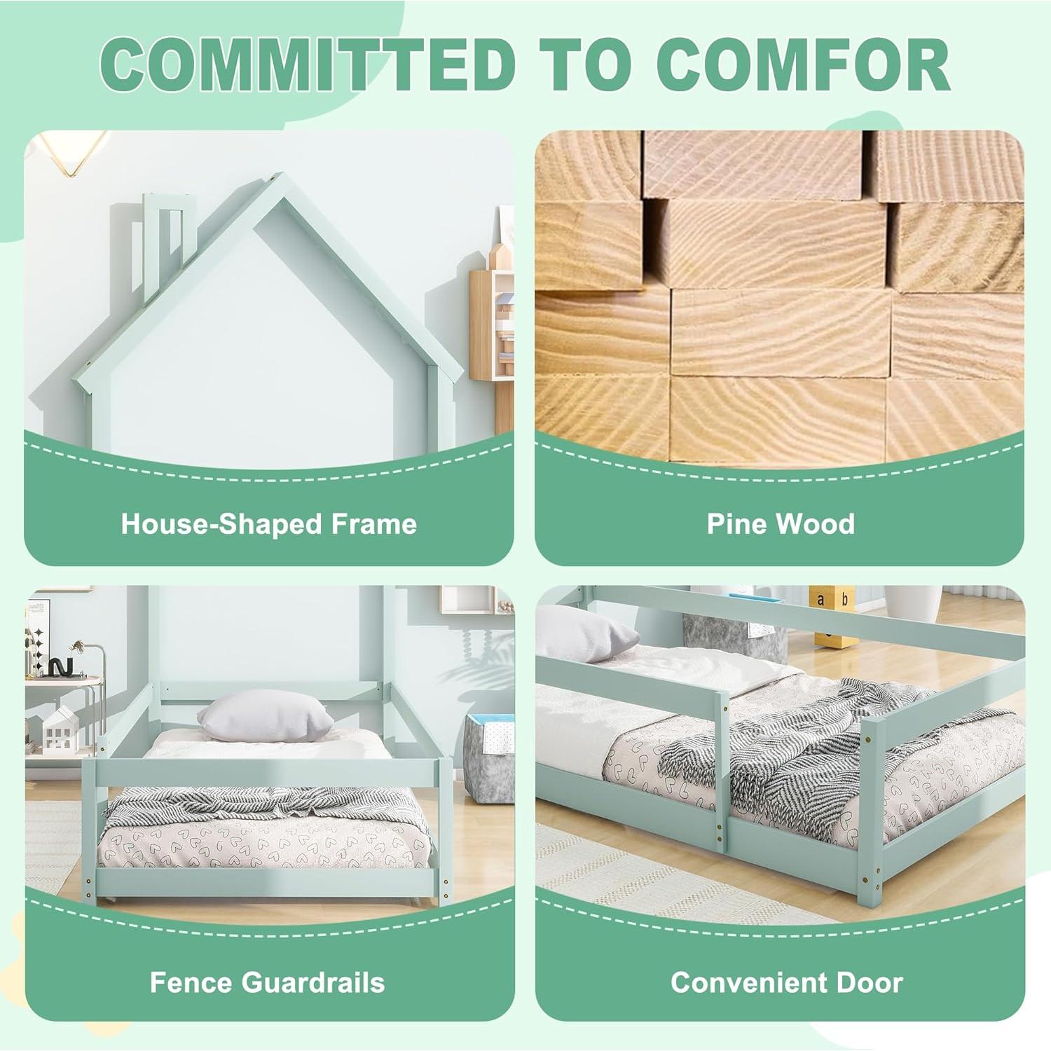 Cama Twin Montessori AYJOIR con Cabecera Casa Verde Claro