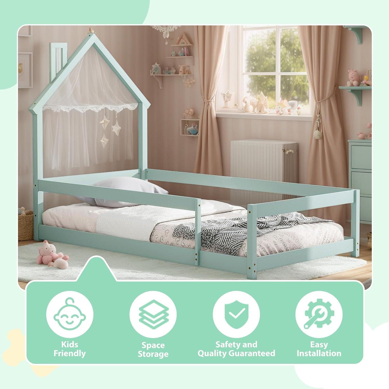 Cama Twin Montessori AYJOIR con Cabecera Casa Verde Claro