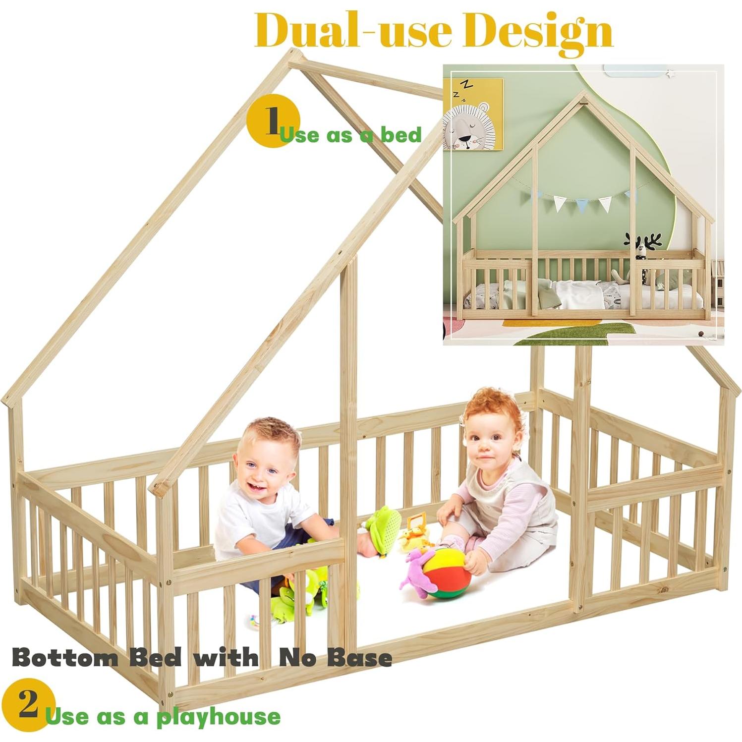 Cama Montessori Twin Mirightone de Madera Natural con Barandillas