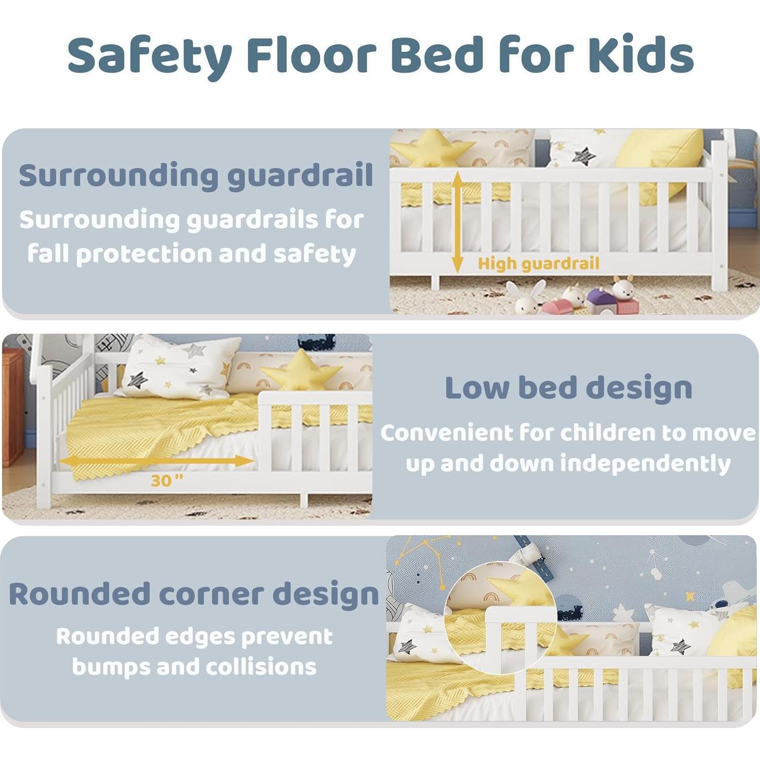 Cama Montessori Twin Aurnienofus con Barandillas y Luz LED