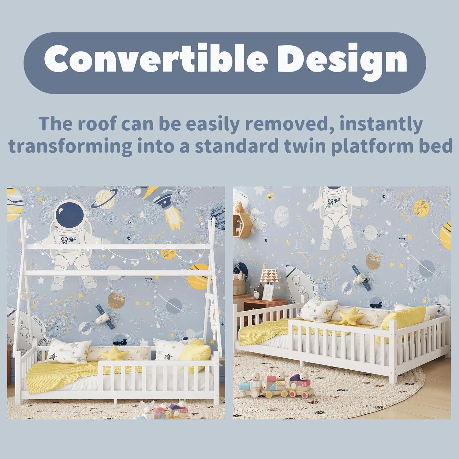 Cama Montessori Twin Aurnienofus con Barandillas y Luz LED