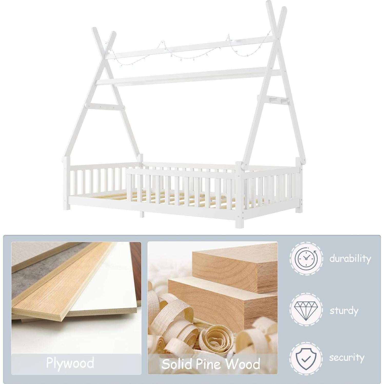 Cama Montessori Twin Aurnienofus con Barandillas y Luz LED