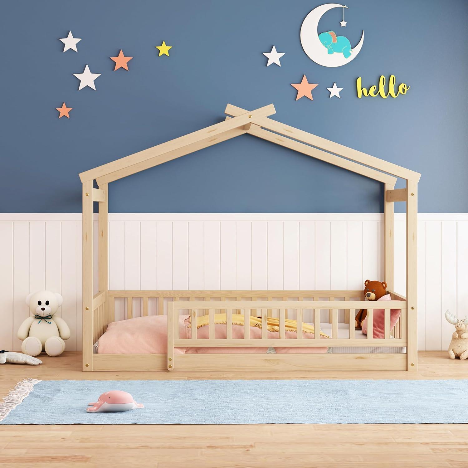 Cama Casa de Madera Twin Bellemave con Barandillas para Niños