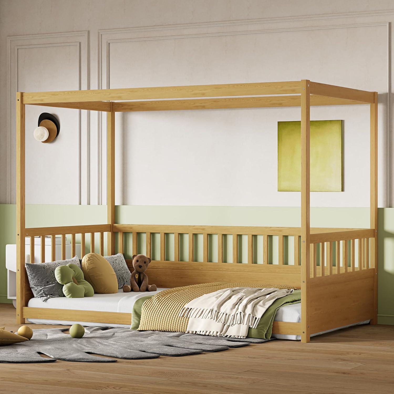Cama Montessori Twin KEIKI con Dosel de Madera Natural