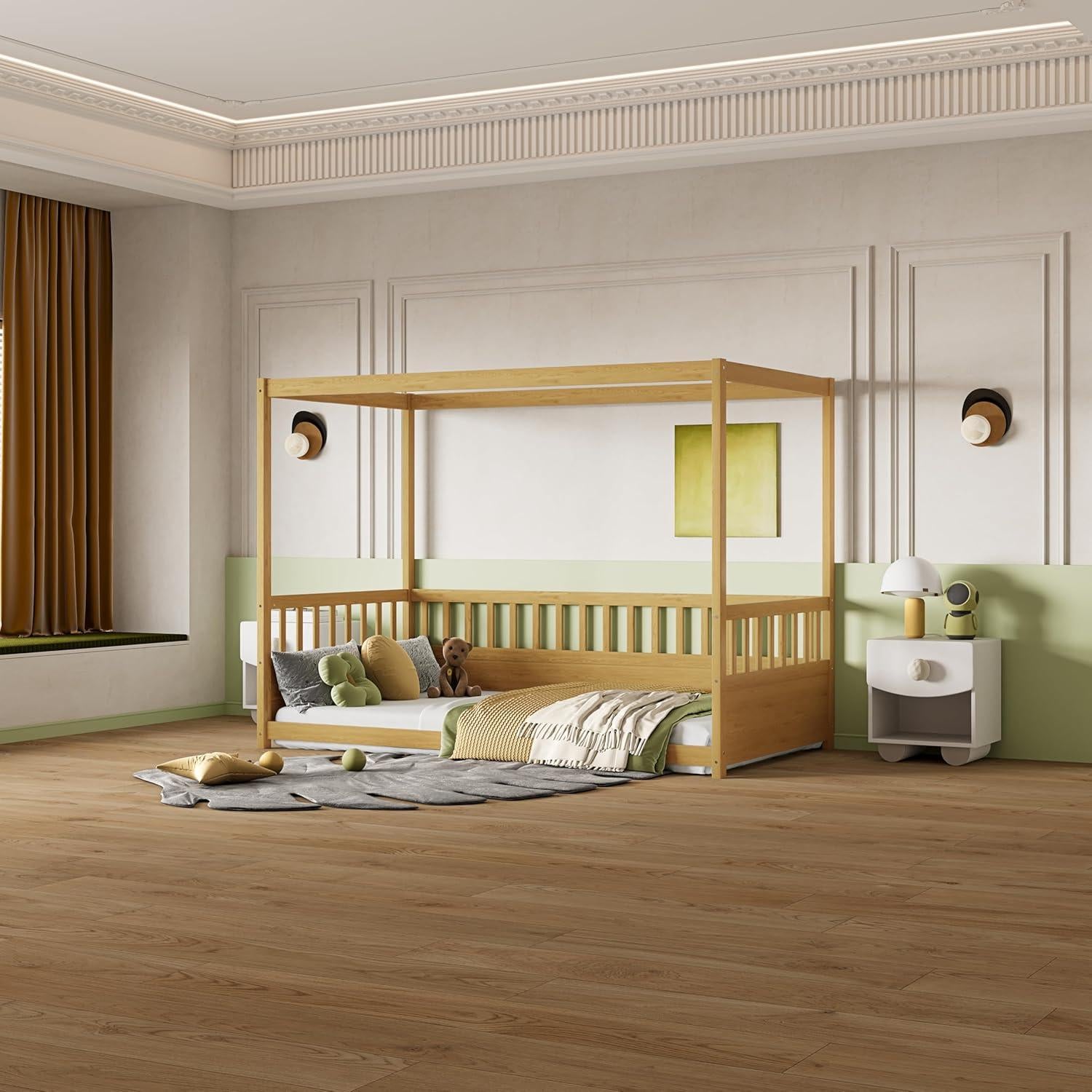 Cama Montessori Twin KEIKI con Dosel de Madera Natural