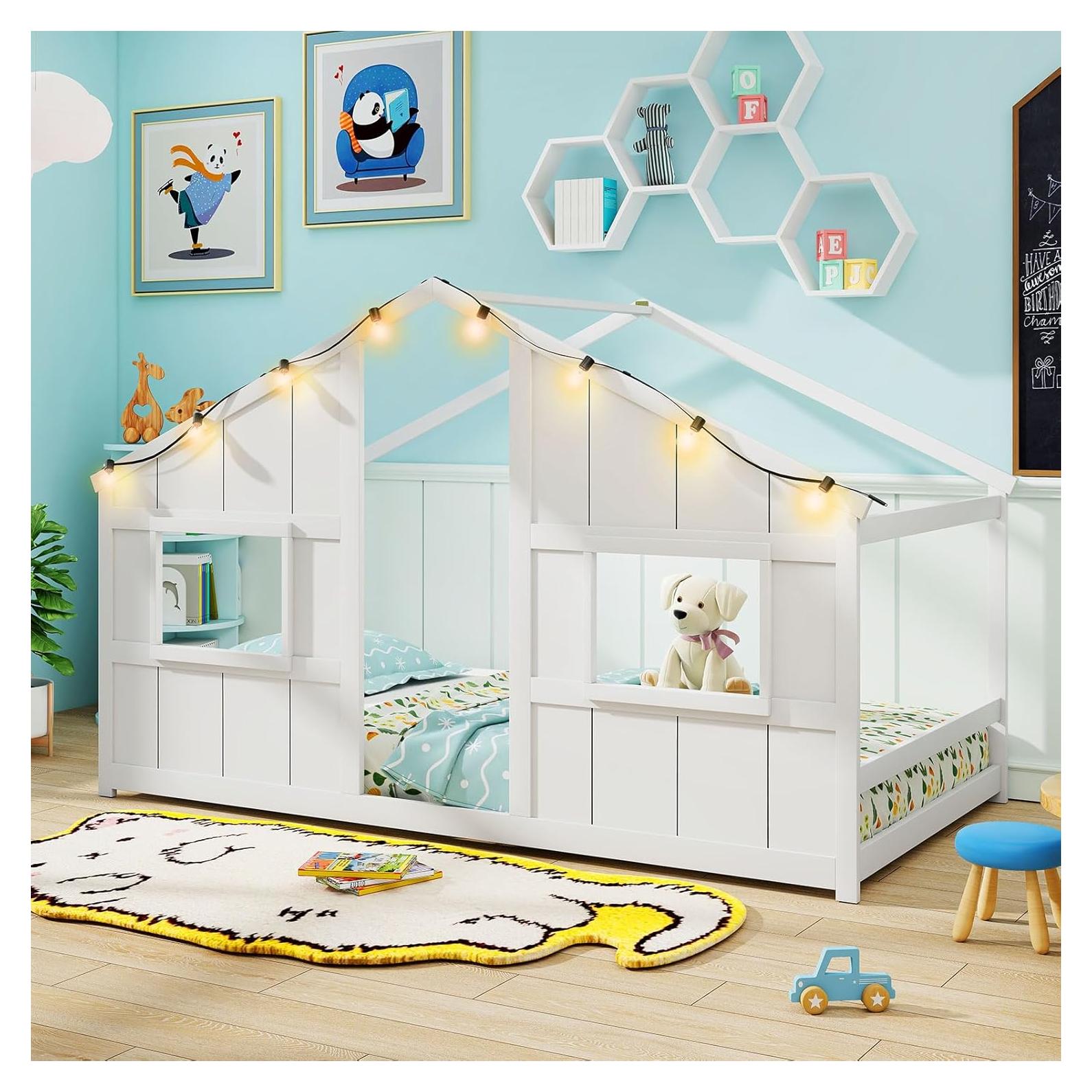 Cama Casa Infantil Twin Giantex con Luces LED - Madera Blanca