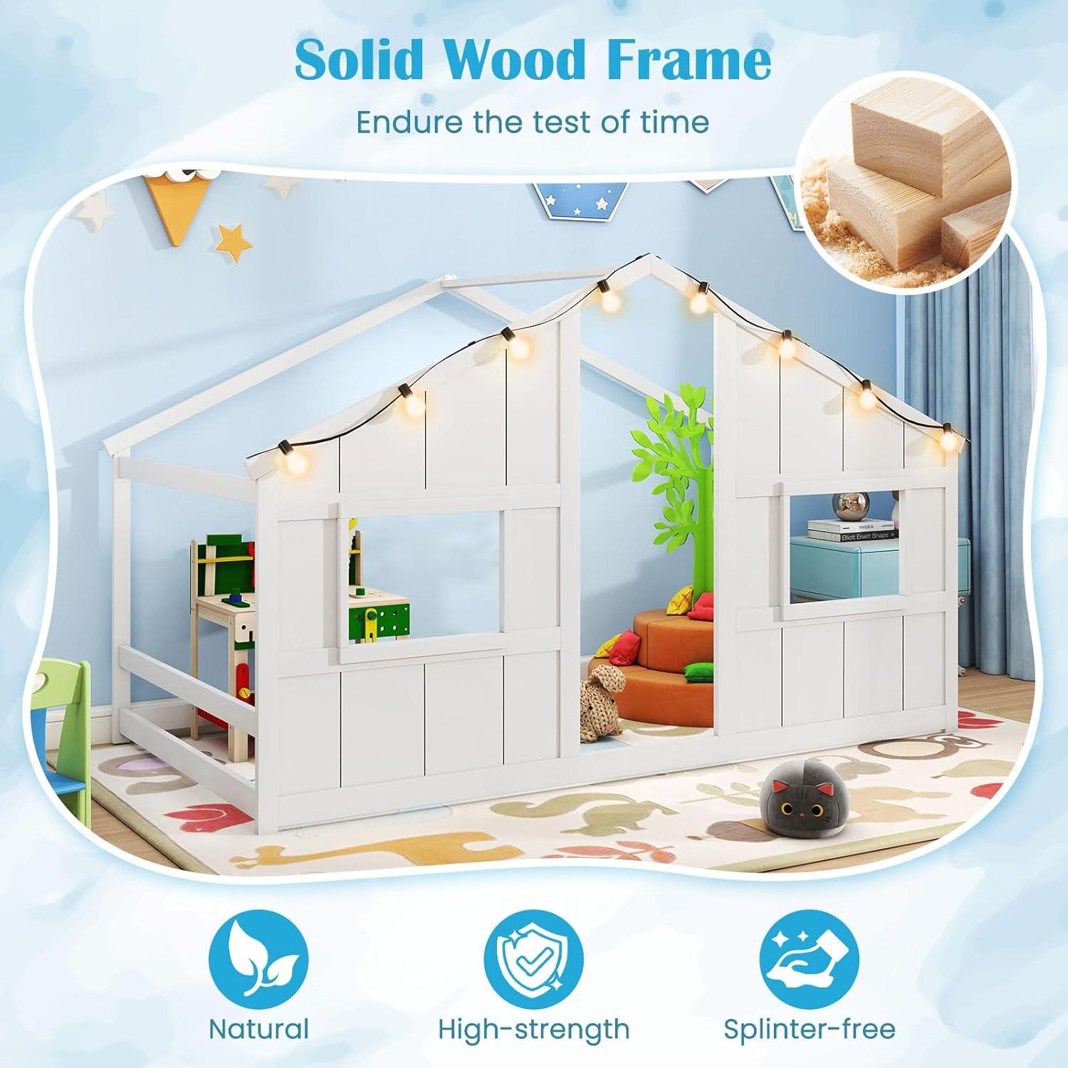 Cama Casa Infantil Twin Giantex con Luces LED - Madera Blanca