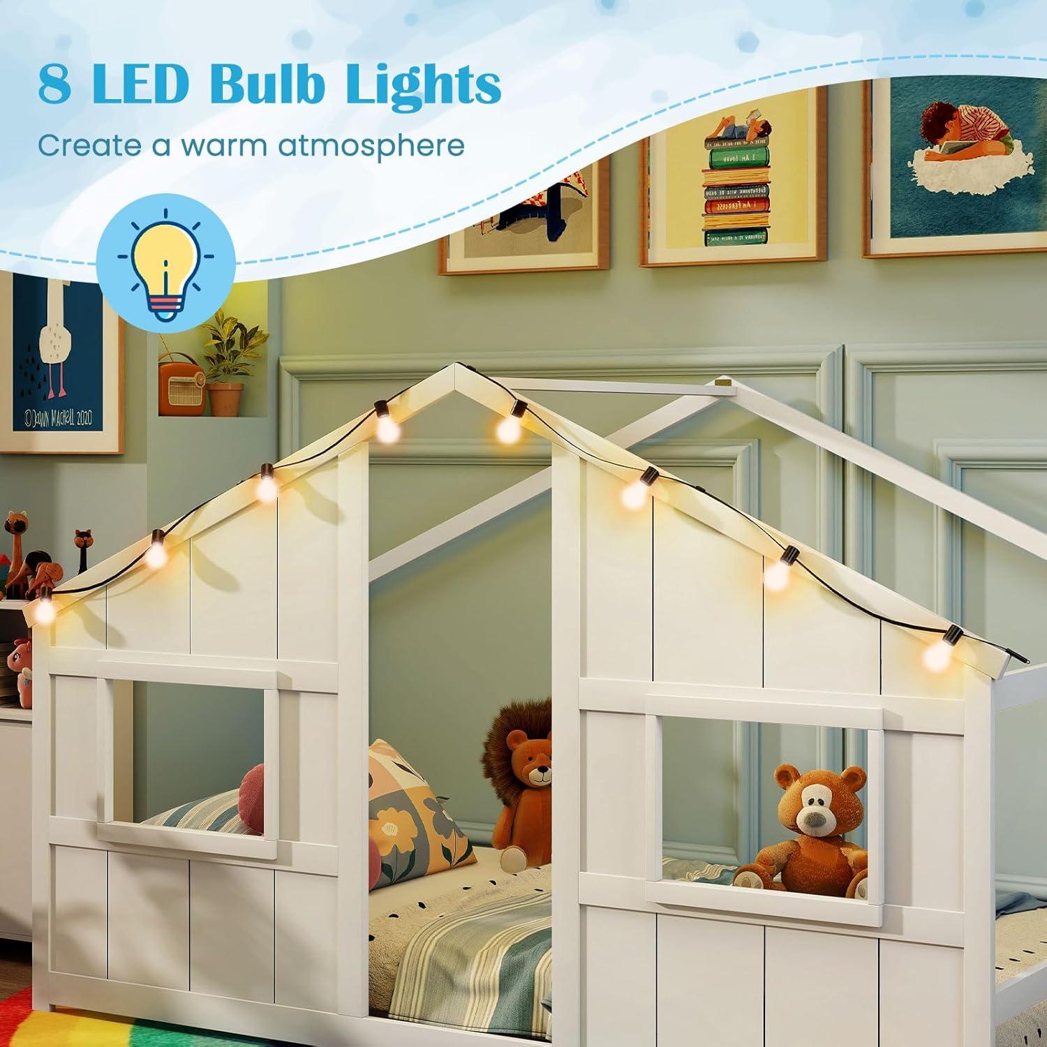 Cama Casa Infantil Twin Giantex con Luces LED - Madera Blanca
