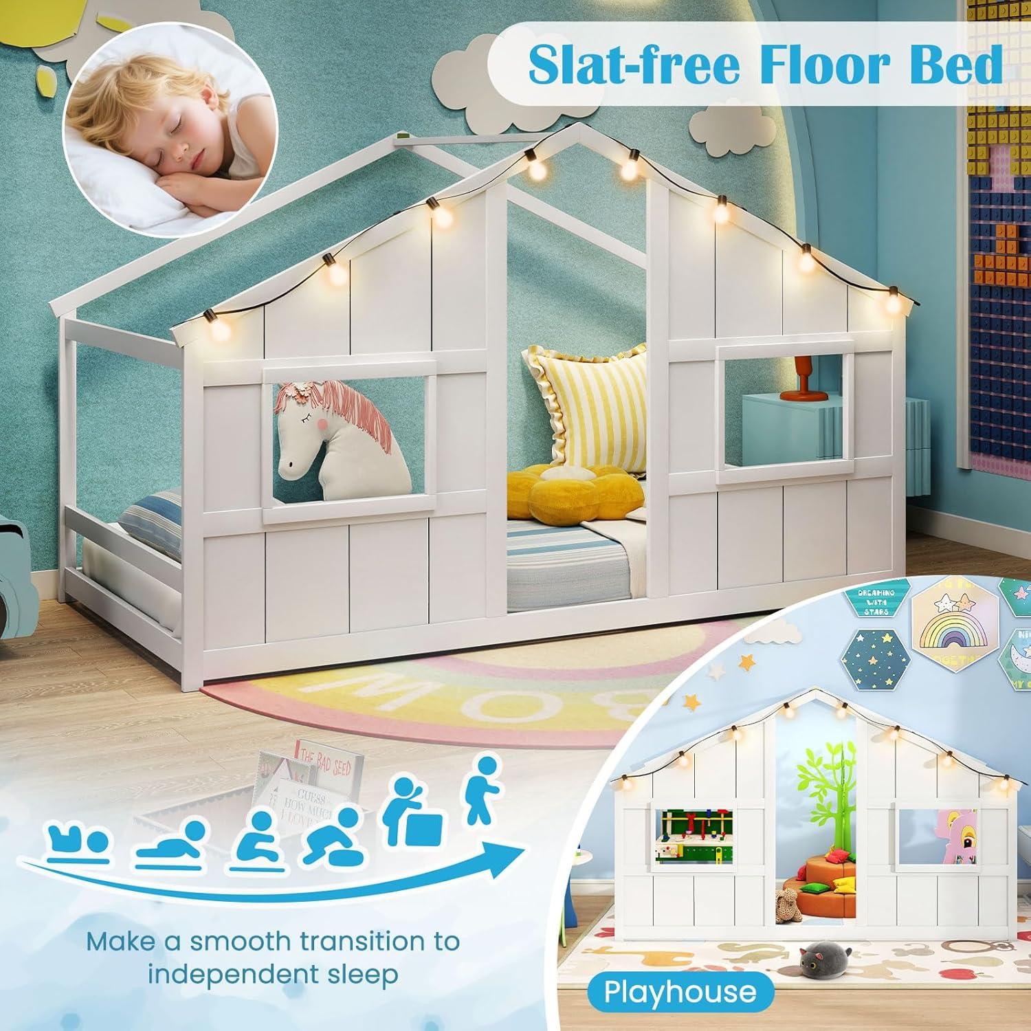 Cama Casa Infantil Twin Giantex con Luces LED - Madera Blanca