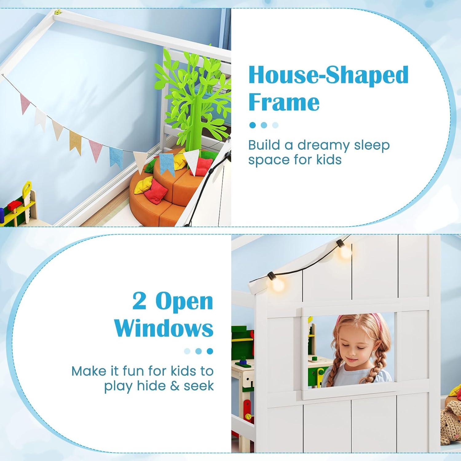 Cama Casa Infantil Twin Giantex con Luces LED - Madera Blanca